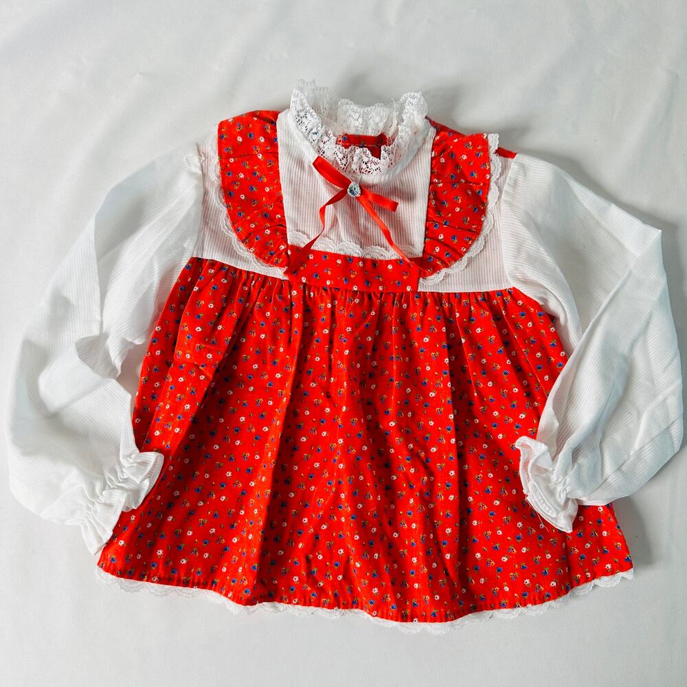 Vintage 80s JCP Toddle Time Red Floral Bib Collar Long Sleeve Baby Doll Top Sz 3